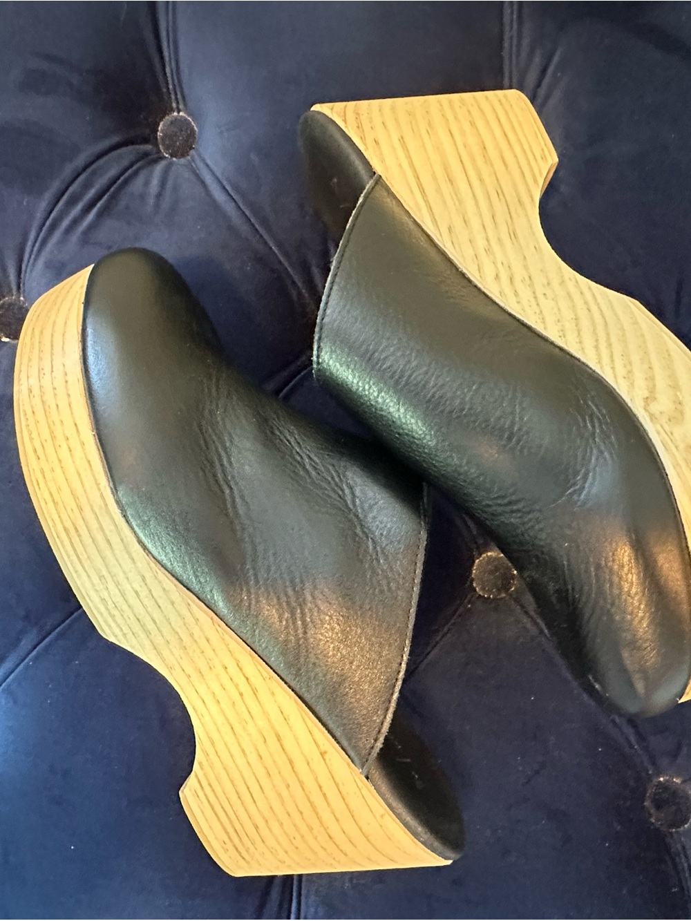 Anthropologie Black Leather Wooden Platform Mules